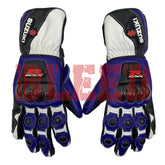 Suzuki GSX-R blue motorcycle leather racing gloves pro front view