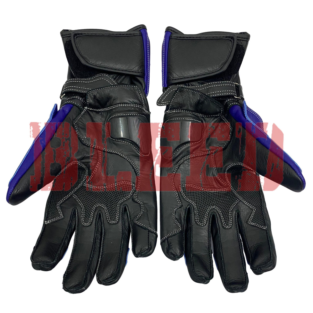 Suzuki GSX-R blue motorcycle leather racing gloves pro wrist view