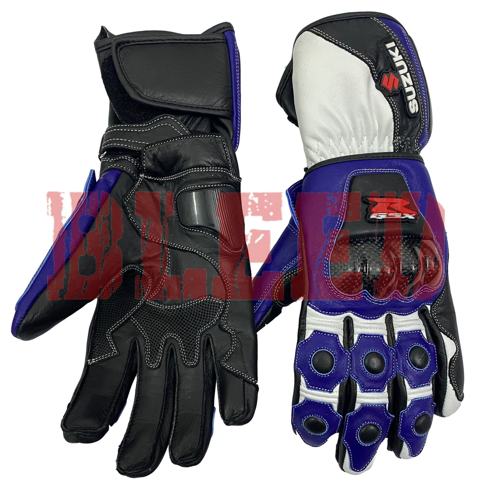 Suzuki GSX-R blue motorcycle leather racing gloves pro back view