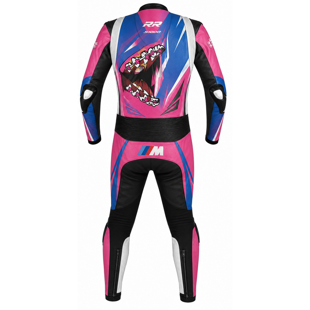 Tailor-made pink and blue motorbike leather racing suit back view