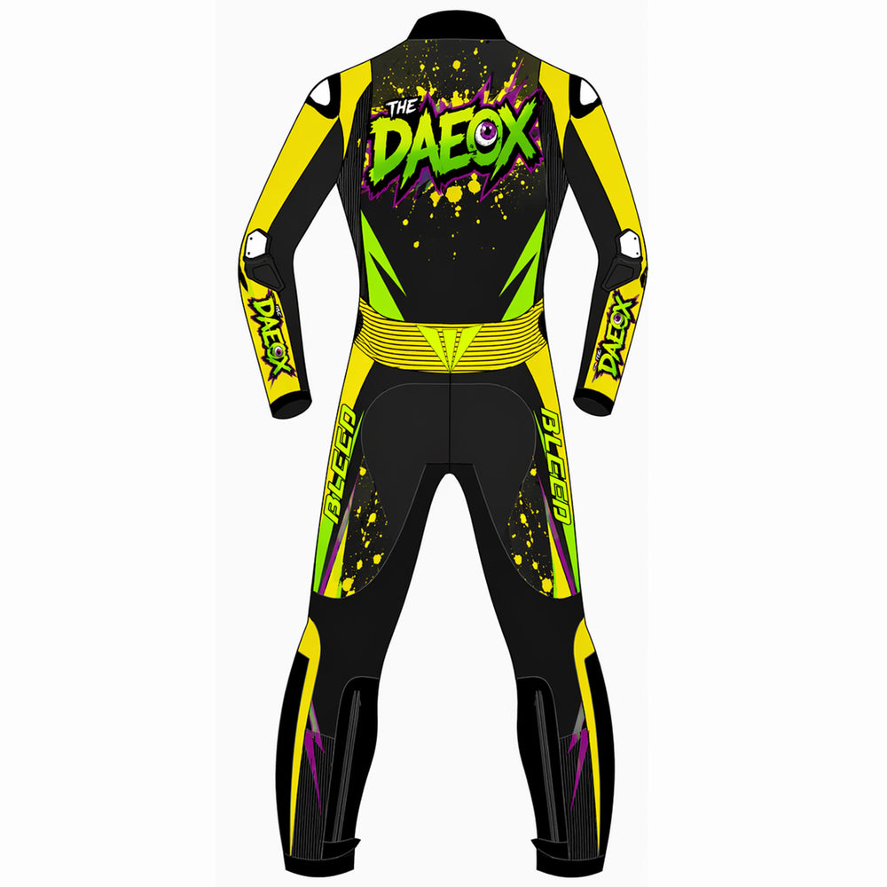 The Daeox custom motorcycle leather racing suit back view in black and fluoro green with Daeox logo, yellow accents and speed hump