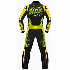 The Daeox custom motorcycle leather racing suit back view in black and fluoro green with Daeox logo, yellow accents and speed hump