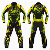The Daeox custom motorcycle leather racing suit front and back view in black, fluoro green, yellow and purple graphic livery