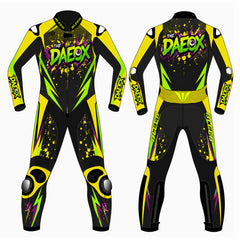The Daeox custom motorcycle leather racing suit front and back view in black, fluoro green, yellow and purple graphic livery