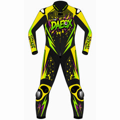 The Daeox custom motorcycle leather racing suit front view in black, fluoro green, yellow and purple with splatter graphics and knee sliders