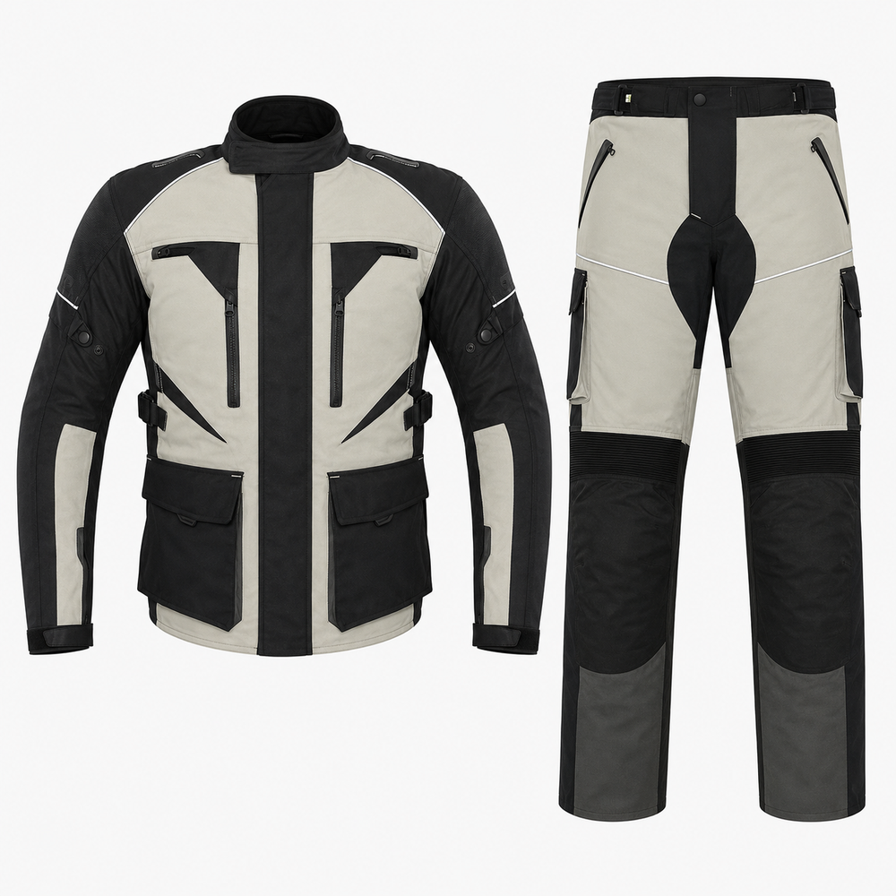 Trailhead ADV textile motorcycle riding suit stone black front view with CE armor