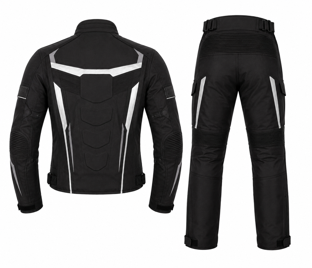 Vertex sport touring textile motorcycle riding suit black white back view with CE armor