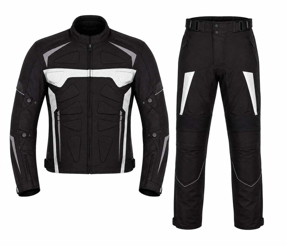 Vertex sport touring textile motorcycle riding suit black white front view with CE armor