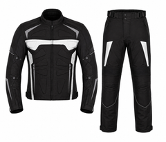 Vertex sport touring textile motorcycle riding suit black white front view with CE armor