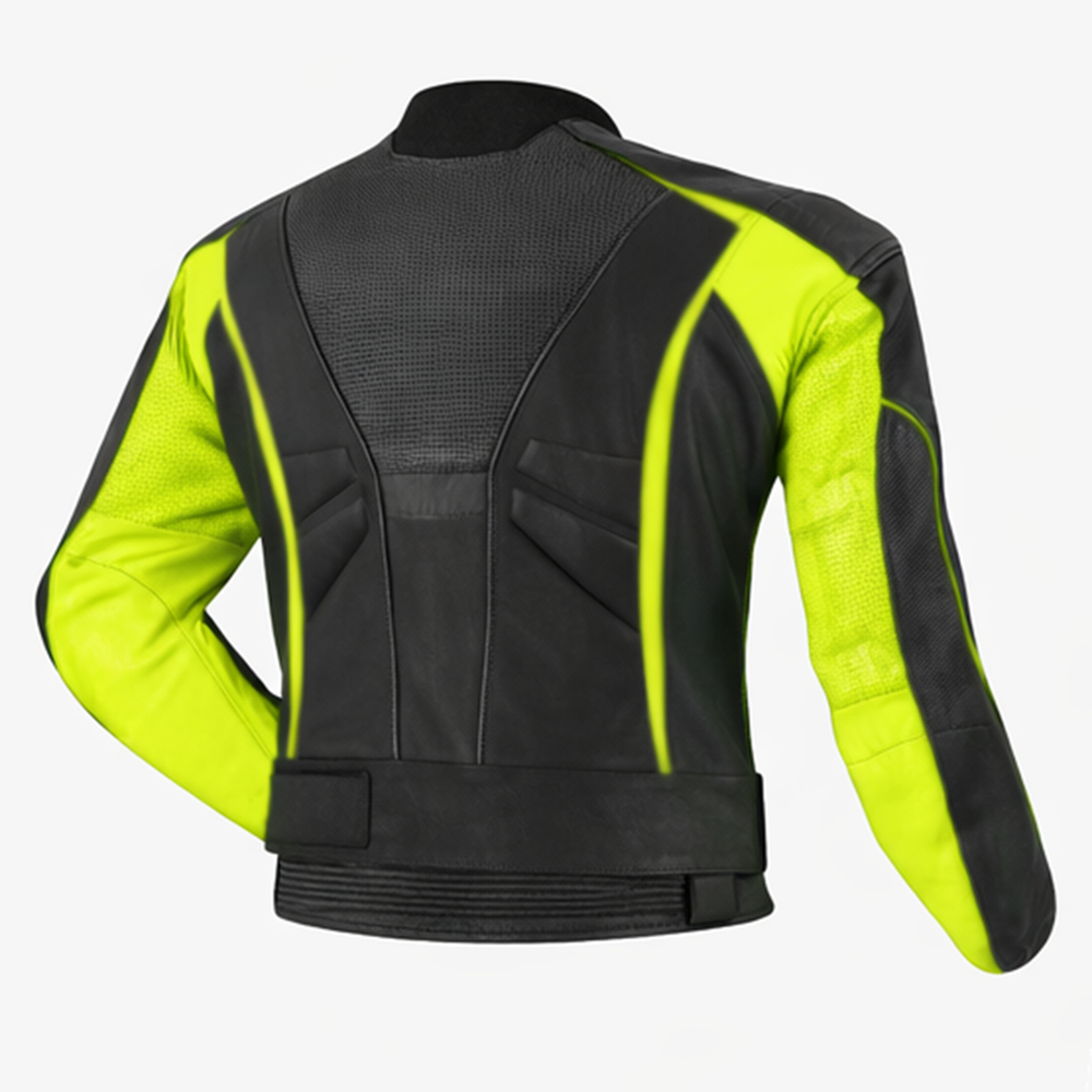 rear view of black motorcycle leather jacket with neon yellow panels and ventilation zones