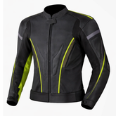black and neon yellow motorcycle leather jacket front view with aerodynamic design