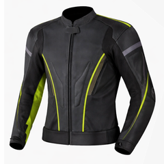 black and neon yellow motorcycle leather jacket front view with aerodynamic design