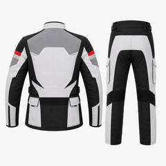 Voyager adventure touring textile motorcycle riding suit light grey black back view with CE armor