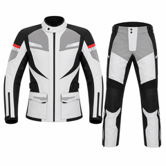 Voyager adventure touring textile motorcycle riding suit light grey black front view with CE armor