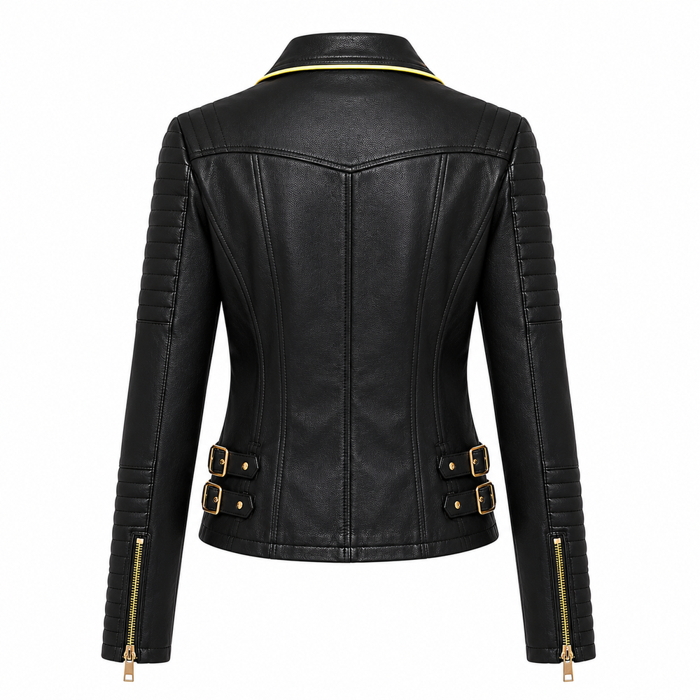 Women's black and gold cowhide leather biker jacket back view with ribbed arm panels and double gold buckle hem straps