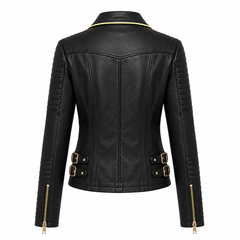 Women's black and gold cowhide leather biker jacket back view with ribbed arm panels and double gold buckle hem straps