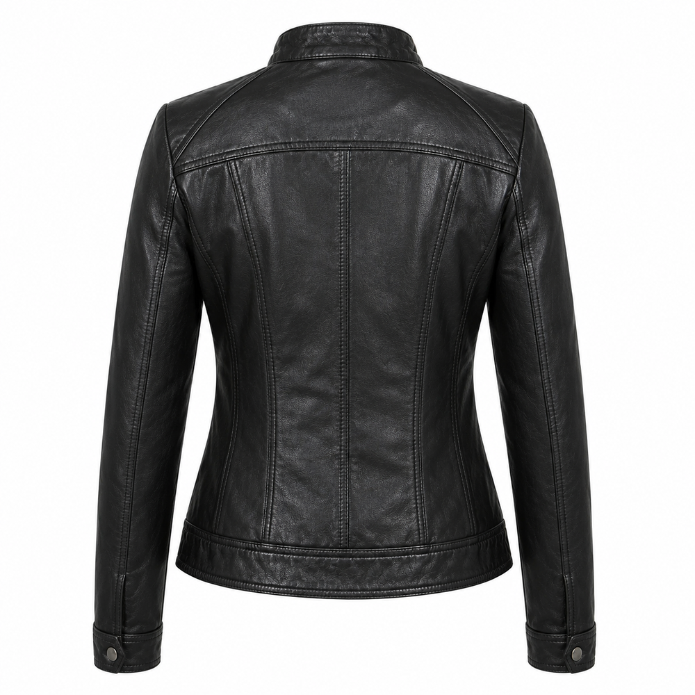 Women's black moto cowhide leather motorcycle jacket back view with fitted silhouette and zip cuffs