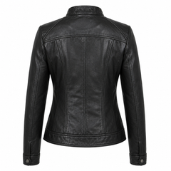 Women's black moto cowhide leather motorcycle jacket back view with fitted silhouette and zip cuffs