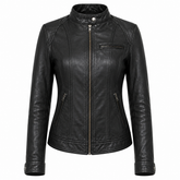 Women's black moto cowhide leather motorcycle jacket front view with notch lapels dual chest zip pockets and center zip