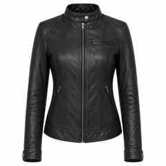 Women's black moto cowhide leather motorcycle jacket front view with notch lapels dual chest zip pockets and center zip