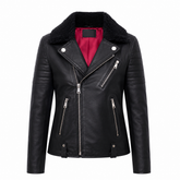 Women's black shearling collar cowhide leather biker jacket front view with asymmetric zip quilted shoulders and red interior lining