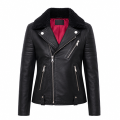 Women's black shearling collar cowhide leather biker jacket front view with asymmetric zip quilted shoulders and red interior lining