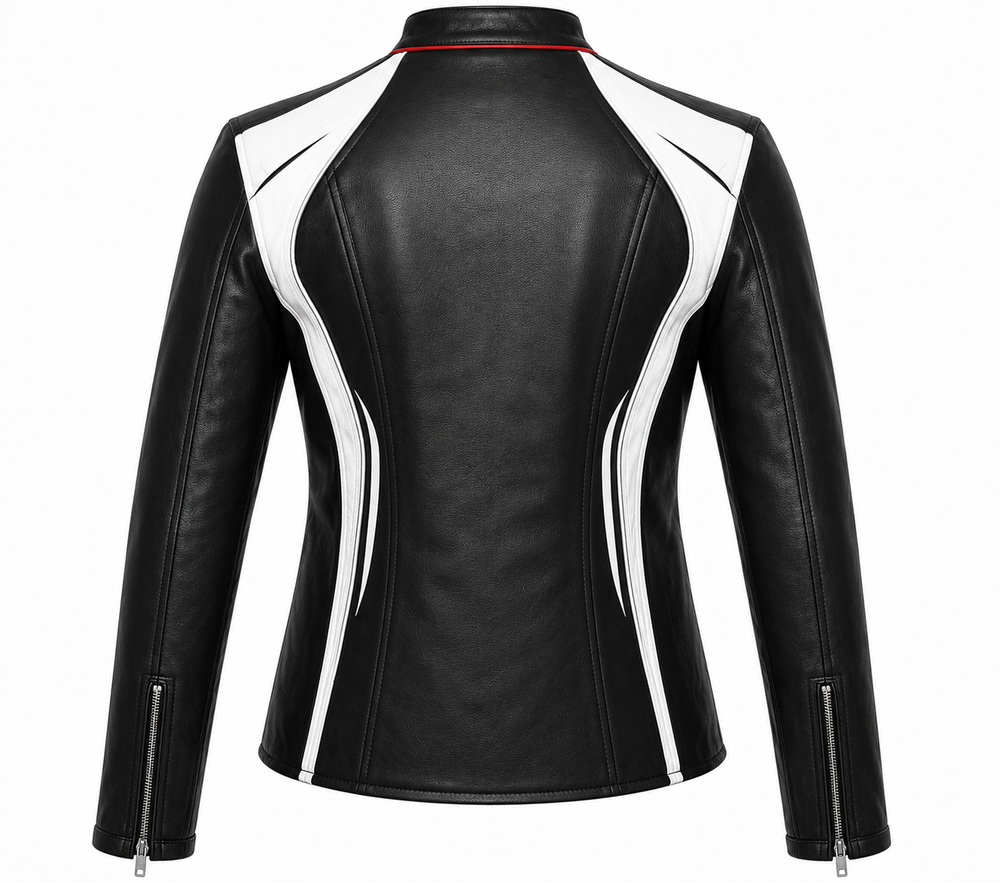 Women's black and white racing panel cowhide leather motorcycle jacket back view with white contrast panels and zip cuffs