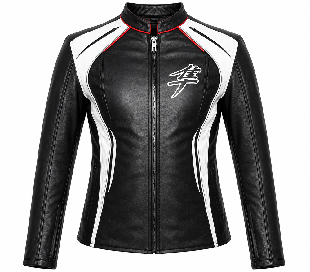 Women's black and white racing panel cowhide leather motorcycle jacket front view with red collar piping and full zip front