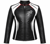 Women's black and white racing panel cowhide leather motorcycle jacket front view with red collar piping and full zip front