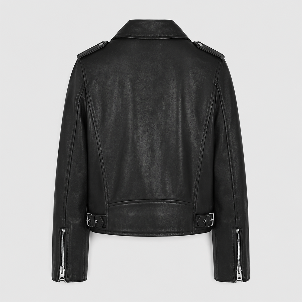 Women's classic Perfecto cowhide leather biker jacket back view with clean panel stitching and adjustable belt hem