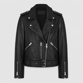 Women's classic Perfecto cowhide leather biker jacket front view with asymmetric zip wide lapels and waist belt