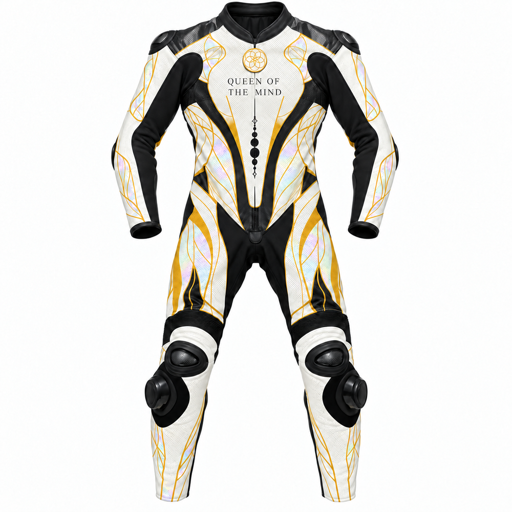 Front view of a women’s custom 1-piece kangaroo leather motorcycle suit in white, black and gold