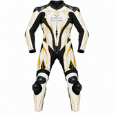 Front view of a women’s custom 1-piece kangaroo leather motorcycle suit in white, black and gold