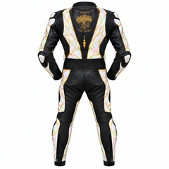 Back view of a women’s made-to-measure one-piece motorbike suit with personalized gold artwork