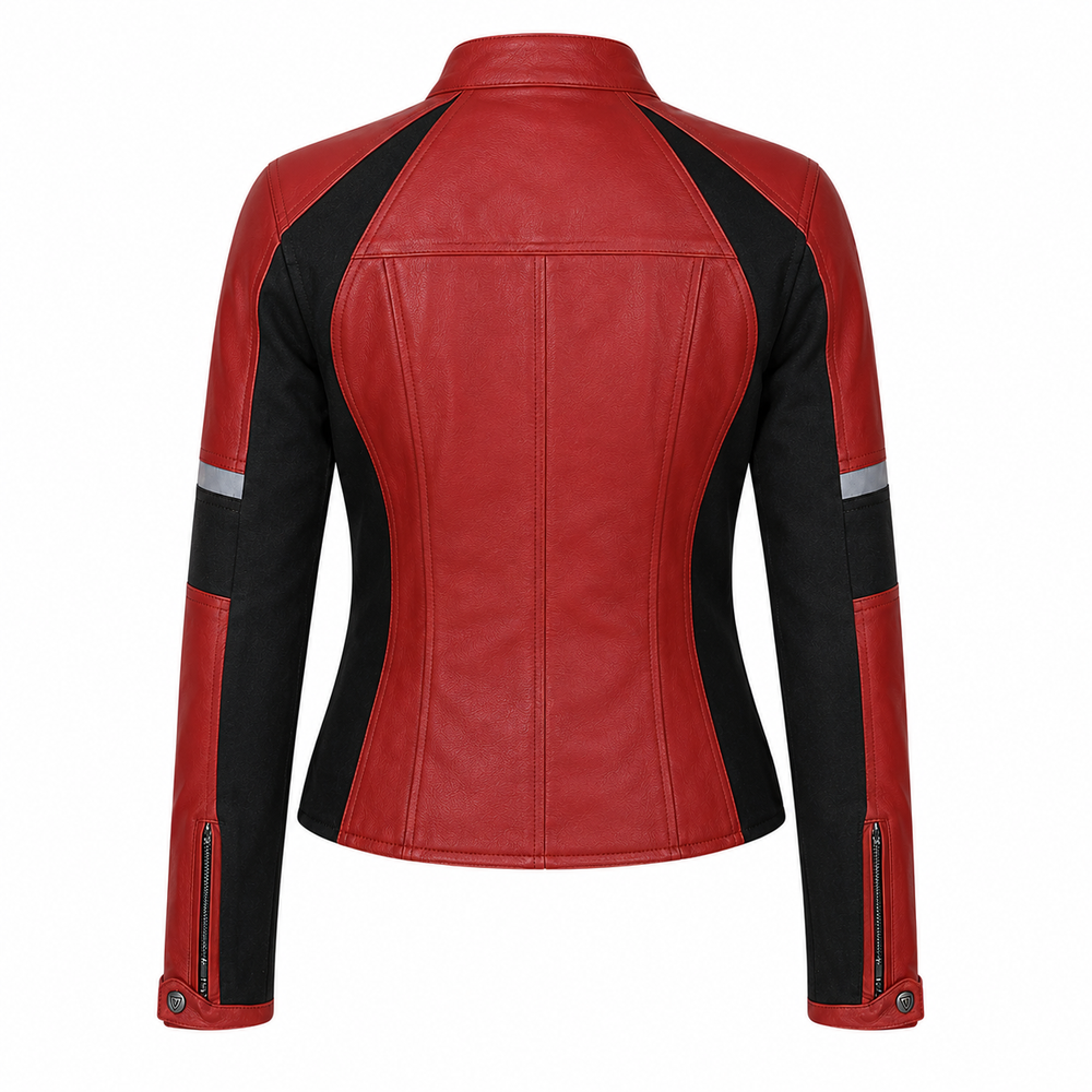 Women's red and black sport cowhide leather motorcycle jacket back view with stretch side panels and reflective strips