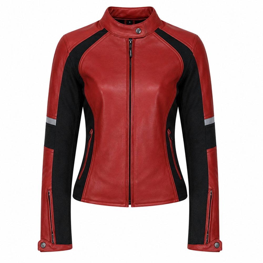Women's red and black sport cowhide leather motorcycle jacket front view with reflective arm strips and band collar
