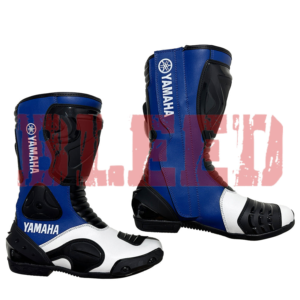 Yamaha motorbike leather riding biker boots back view