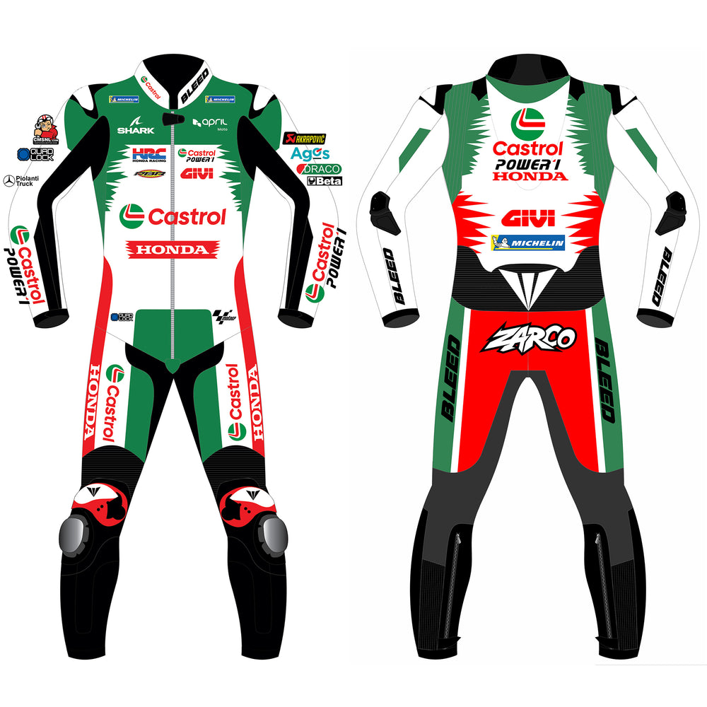 Johann Zarco Honda Castrol LCR 2024 MotoGP leather racing suit front view