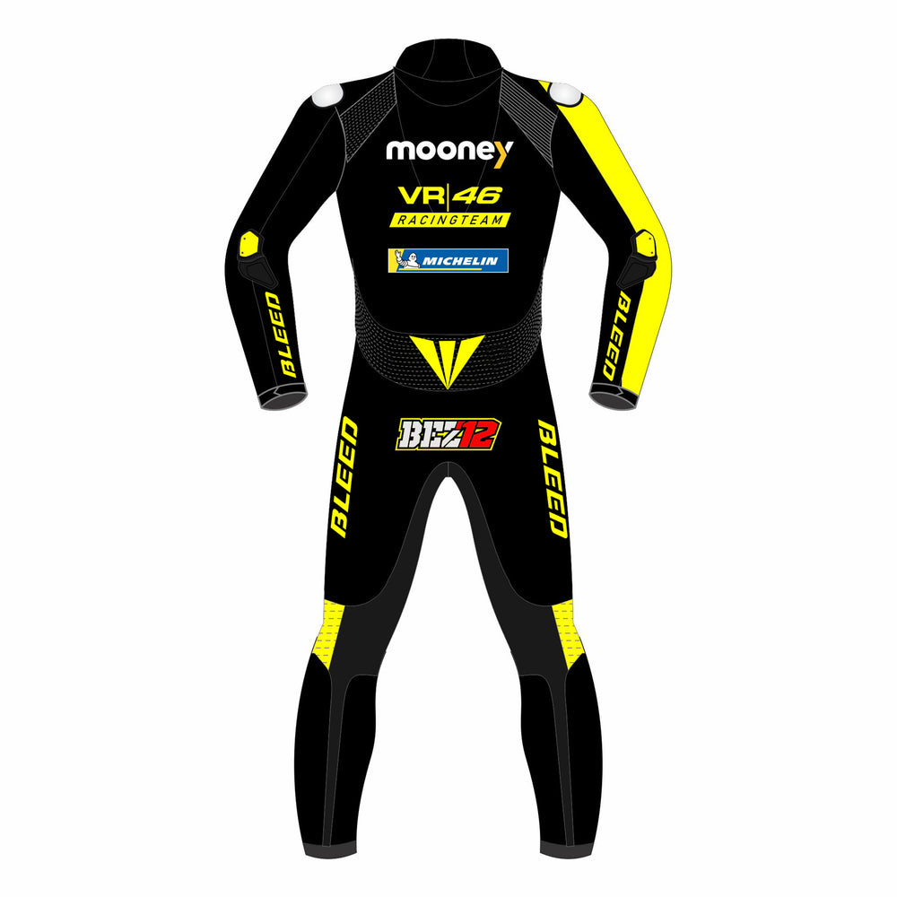 Marco Bezzecchi VR46 Mooney 2022 MotoGP leather racing suit detail view