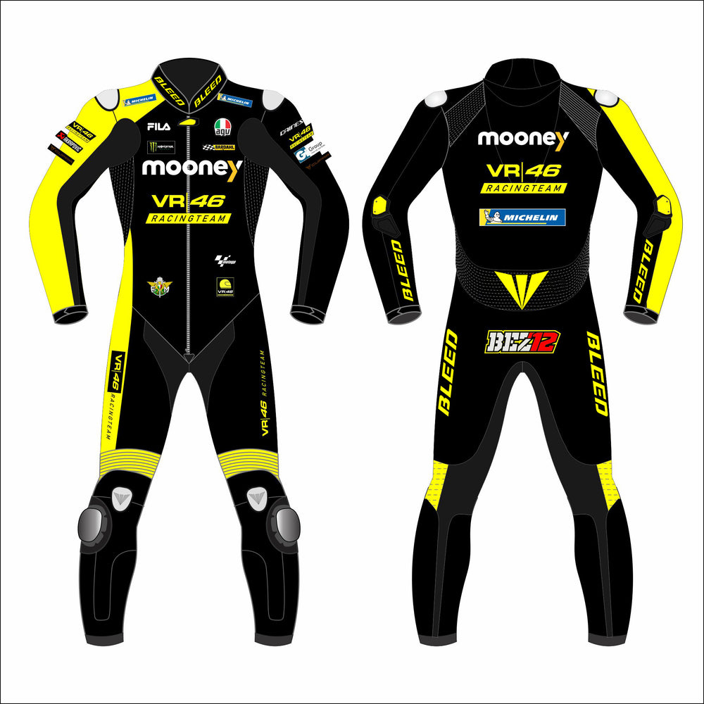 Marco Bezzecchi VR46 Mooney 2022 MotoGP leather racing suit front view