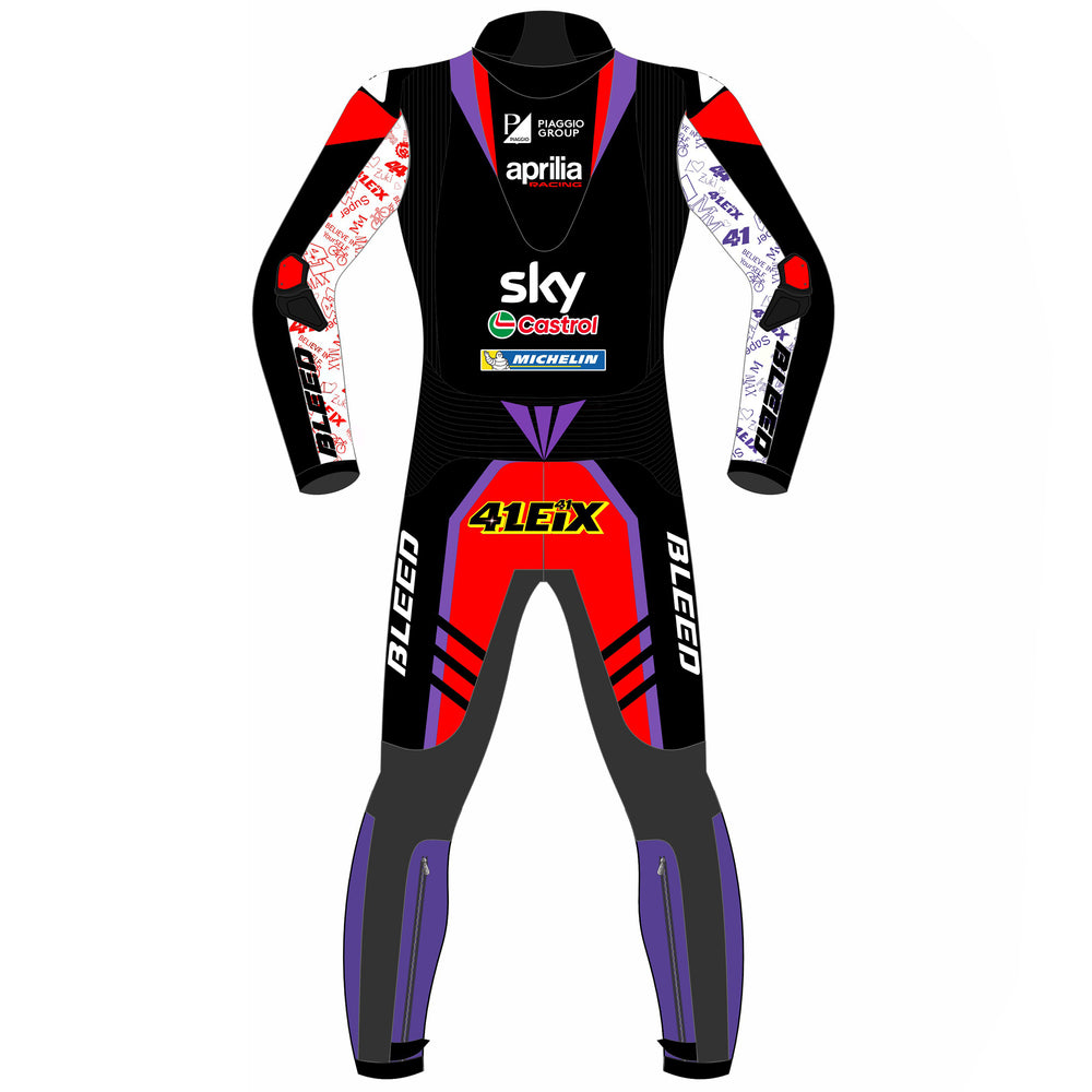 Aleix Espargaro Aprilia Racing 2024 MotoGP leather racing suit detail view