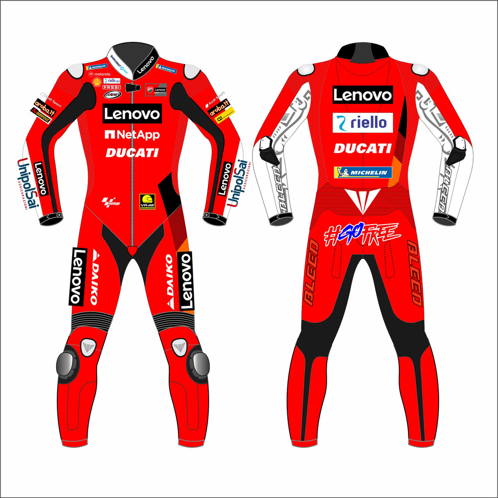 Francesco Bagnaia Ducati Lenovo 2021 MotoGP leather racing suit front view