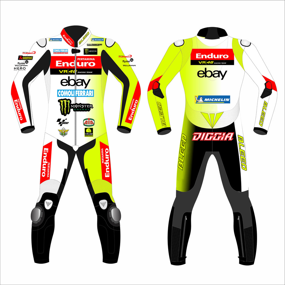 Fabio Di Giannantonio VR46 Pertamina Enduro 2024 MotoGP leather racing suit front view