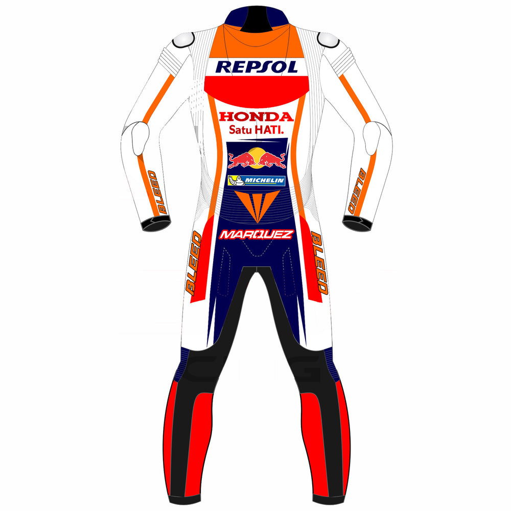 Marc Marquez Honda Repsol 2023 MotoGP leather racing suit detail view