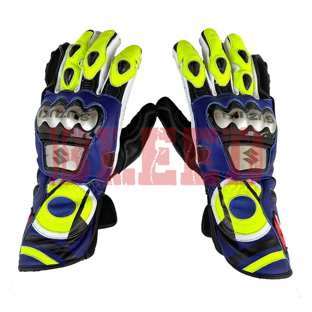 Suzuki GSX-R1000 men leather motorbike racing gloves front view