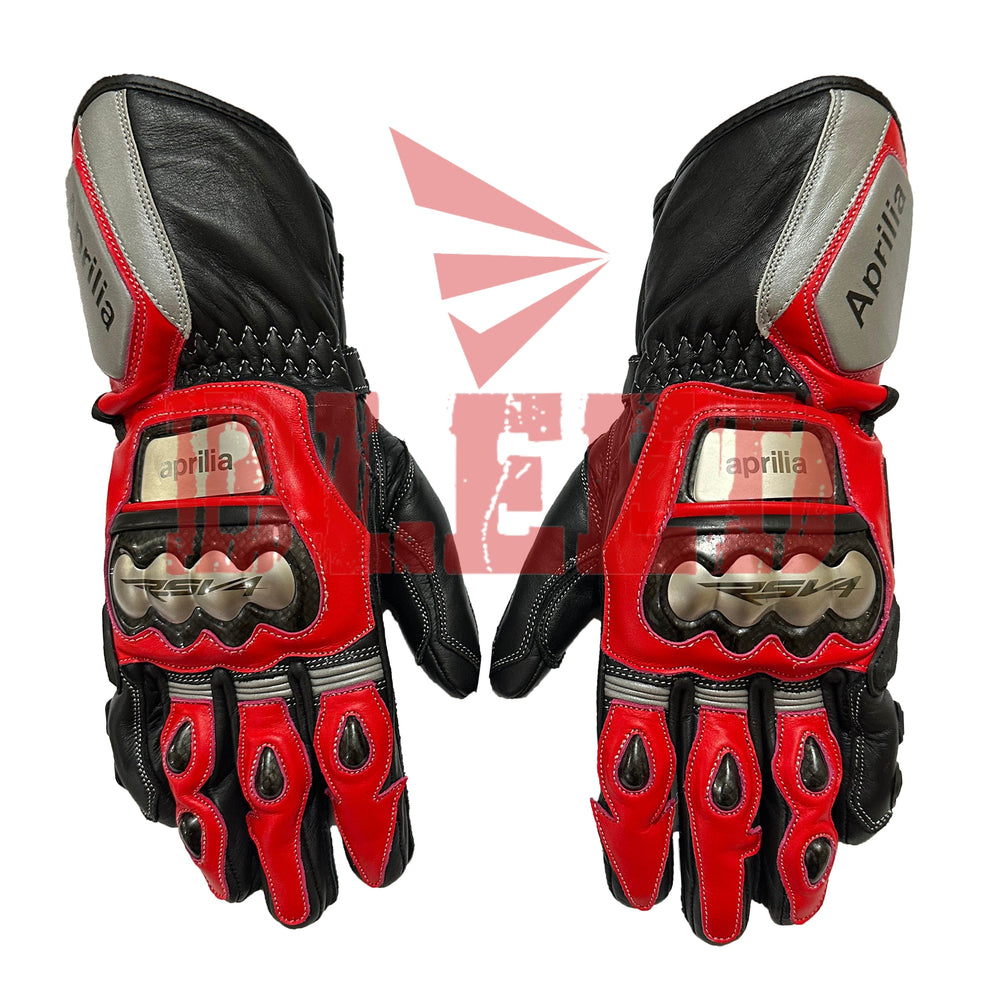 Aprilia RSV4 motorbike racing leather gloves pro series front view