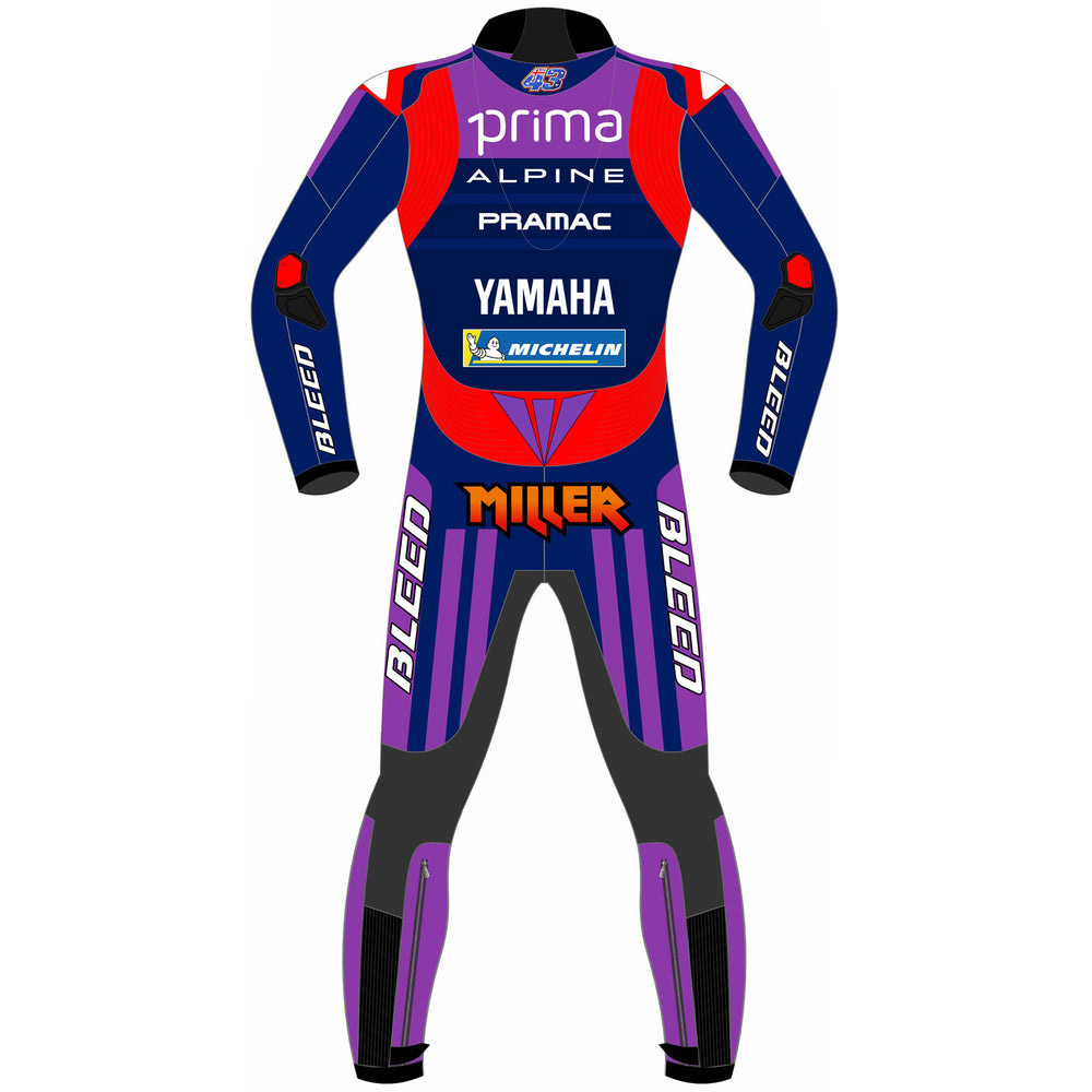 Jack Miller Yamaha 2025 MotoGP leather racing suit detail view
