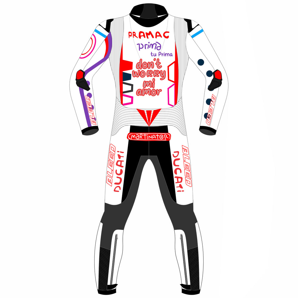 Jorge Martin Ducati Pramac Catalunya GP 2024 MotoGP leather racing suit detail view