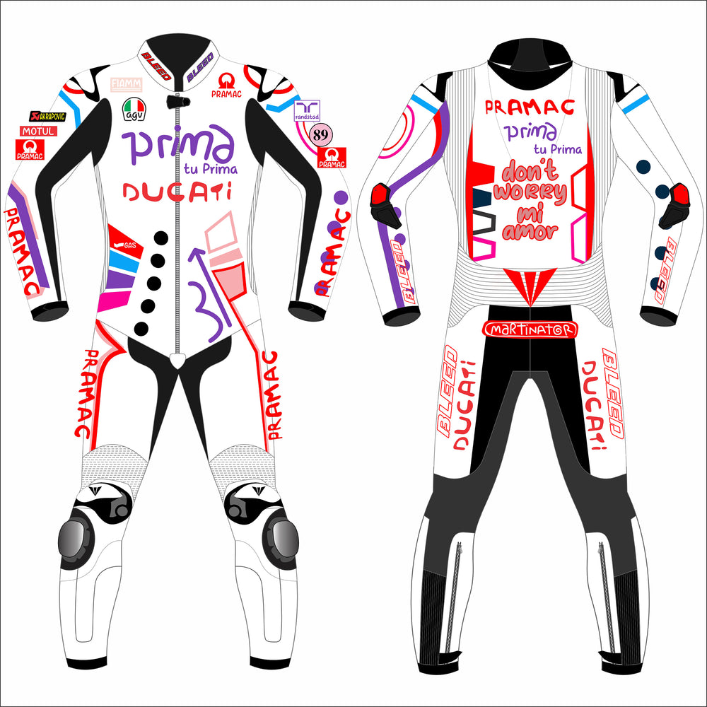 Jorge Martin Ducati Pramac Catalunya GP 2024 MotoGP leather racing suit front view