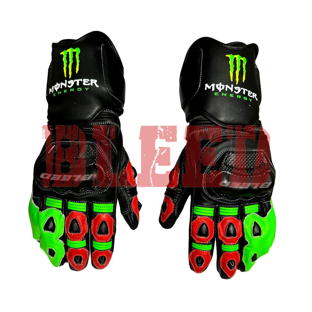 Kawasaki Monster Energy motorbike leather racing gloves front view